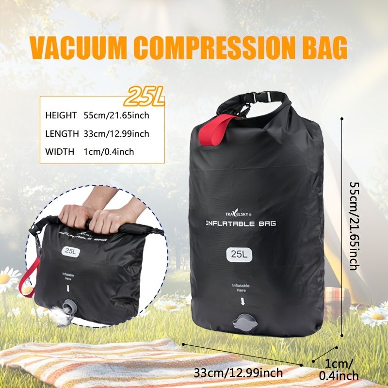 Black inflatable dry bag set, 25L dry bag, waterproof travel bag, inflatable waterproof bag, outdoor dry bag, camping gear, beach essentials, Australia travel accessories, water sports bag, dry bag 25 litre, cushioning dry bag, hiking bag