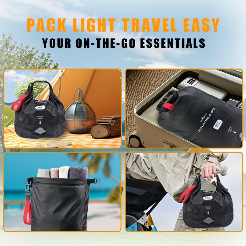 Black inflatable dry bag set, 25L dry bag, waterproof travel bag, inflatable waterproof bag, outdoor dry bag, camping gear, beach essentials, Australia travel accessories, water sports bag, dry bag 25 litre, cushioning dry bag, hiking bag