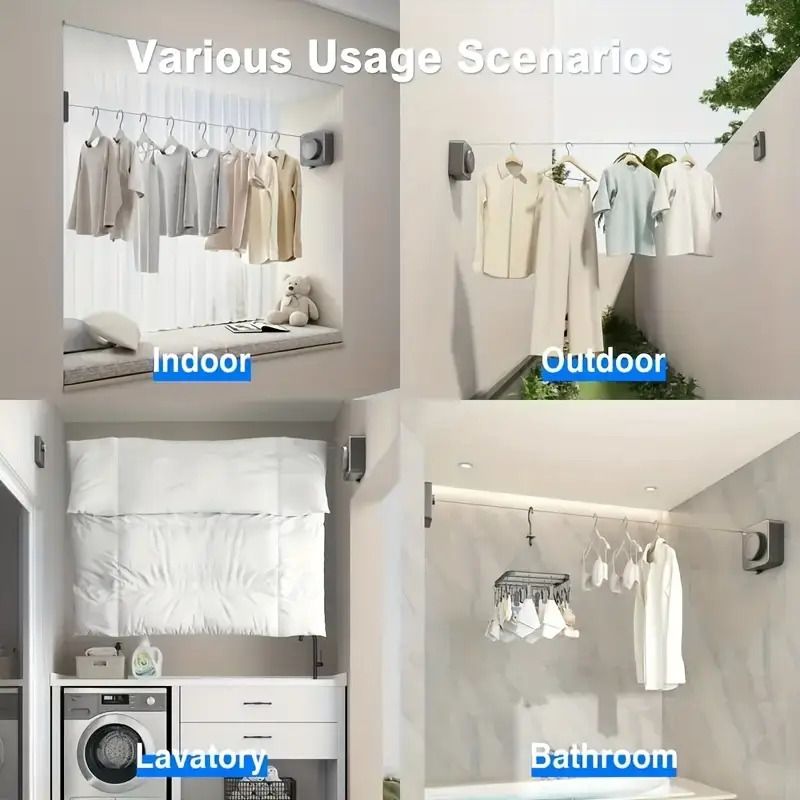 Gray Wall-Mounted Adjustable Clothes Hanger, Space-Saving Laundry Organizer