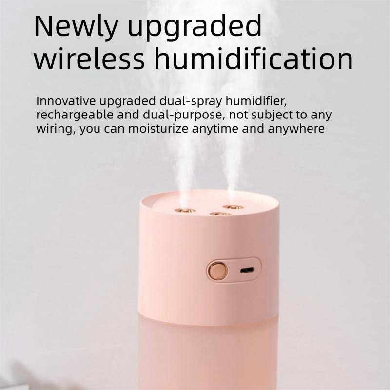 White Dual Spray USB Humidifier with Warm LED Night Light - 400ml Mini Portable Desk and Car Humidifier, Quiet Mist Output, ABS and PP Construction, Compact Rechargeable Moisture Solution for Home Office Travel
