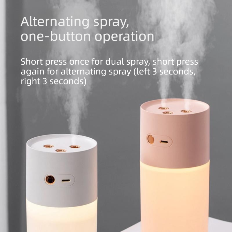 White Dual Spray USB Humidifier with Warm LED Night Light - 400ml Mini Portable Desk and Car Humidifier, Quiet Mist Output, ABS and PP Construction, Compact Rechargeable Moisture Solution for Home Office Travel