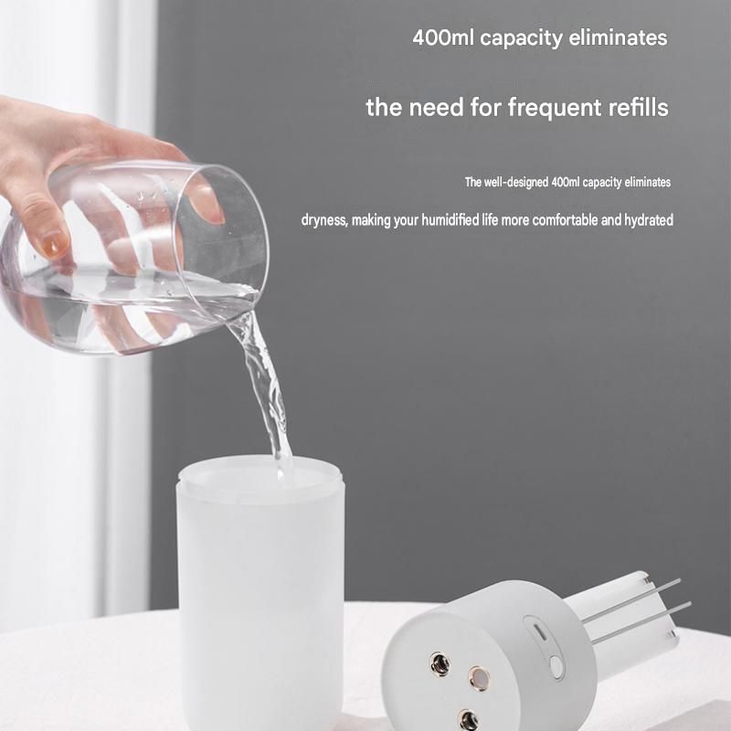 White Dual Spray USB Humidifier with Warm LED Night Light - 400ml Mini Portable Desk and Car Humidifier, Quiet Mist Output, ABS and PP Construction, Compact Rechargeable Moisture Solution for Home Office Travel